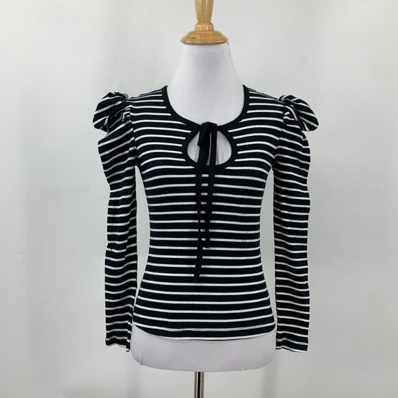 Porridge Top Womens XXS Black White Striped Puff Sleeve Keyhole Anthropologie - Picture 2 of 16